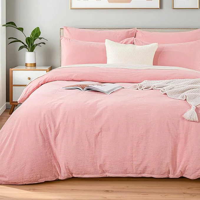 Relaxed NEXHOME PRO Duvet Cover Twin Washed Cotton Organic Natural Linen Like Textured Breathable Durable Home Bedding Set Heathered Pink 6890 Crafted