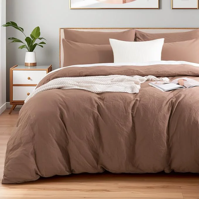 Casual NEXHOME PRO Duvet Cover Set Washed Cotton Full Size Linen Feel Textured Organic Natural 3 Pieces Bedding Set Mocha Brown with Zipper Closure and Corner Ties Breathable No Comforter Eco-Friendly