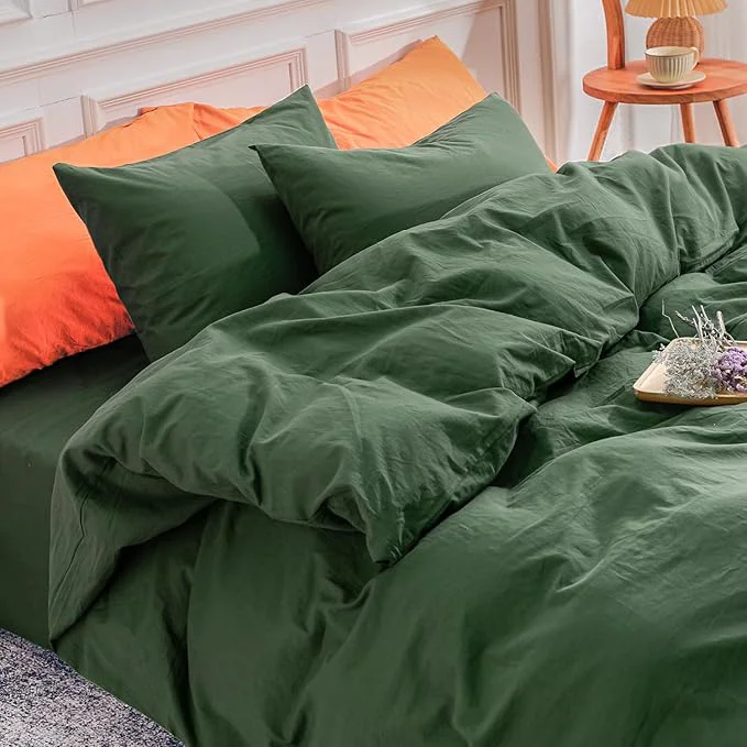 Selected NEXHOME PRO Duvet Cover Set Super King Size Linen Look Textured Organic Natural Washed Cotton Duvet Cover Forest Green 3 Pieces Bedding Set with Zipper Breathable 108 quot x98 quot No Comforter Expertly Made