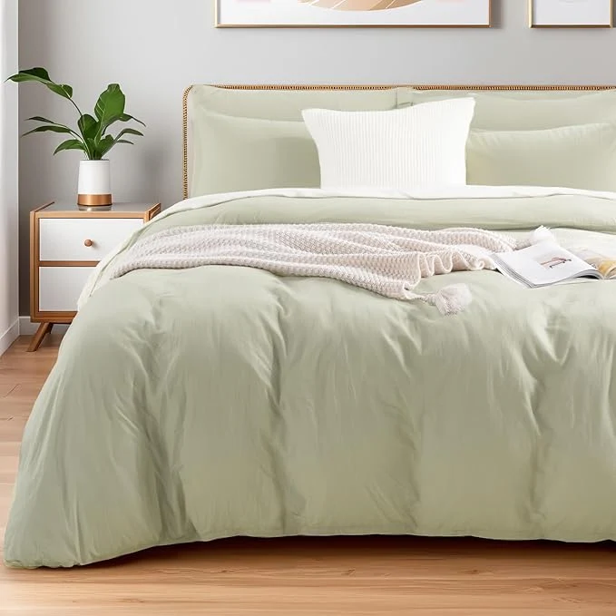 Solid NEXHOME PRO Duvet Cover Set Super Queen 92 quot x98 quot Linen Feel Textured Organic Natural Washed Cotton Duvet Cover 3 Pieces Bedding Set Zipper Closure Breathable Mint Green No Comforter Classic
