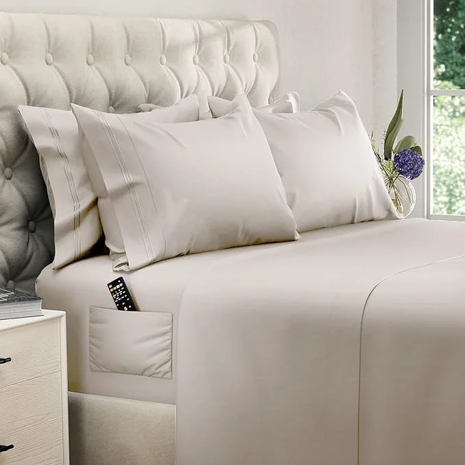 Proven DREAMCARE Queen Sheet Set – 6 pcs Cooling Bed Sheets – up to 21 Deep Pocket Queen Sheets Set – 2500 Supreme Collection – Extra Soft Brushed Microfiber Hotel Luxury with Side Pocket – Beige Minimalist