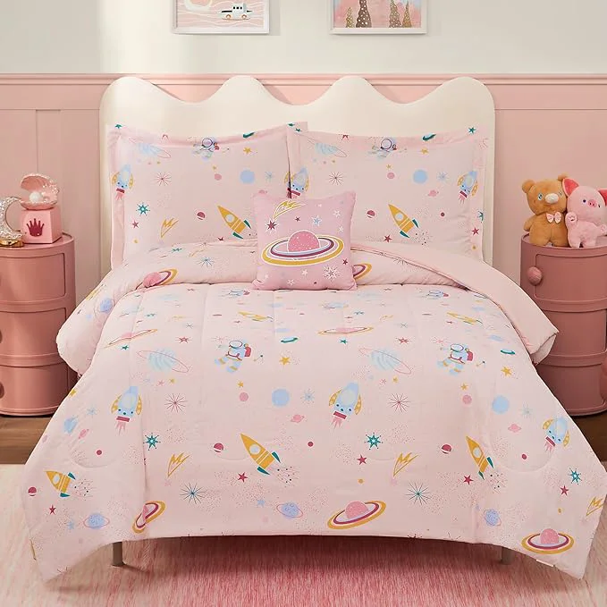 Crafted Full Size Comforter Set for Girls-4 Pieces Space Glow in the Dark Full Bedding Sets for Kids 1 Comforter 2 Shams and 1 Decor Pillow Long-Lasting
