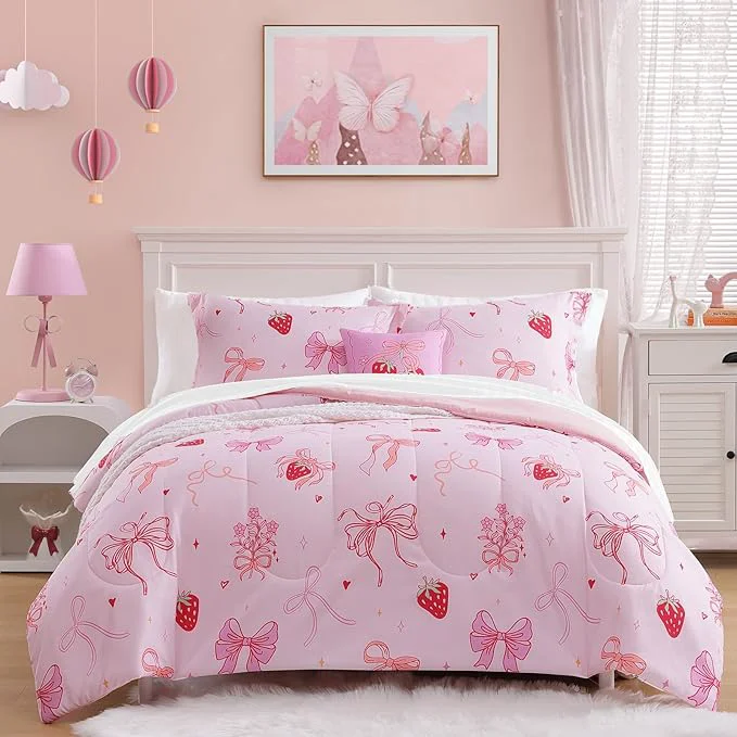 Reusable Full Size Comforter Set for Girls – 4 Pieces Pink Bow Full Bedding Sets for Kids 1 Comforter 2 Shams and 1 Decor Pillow Advanced