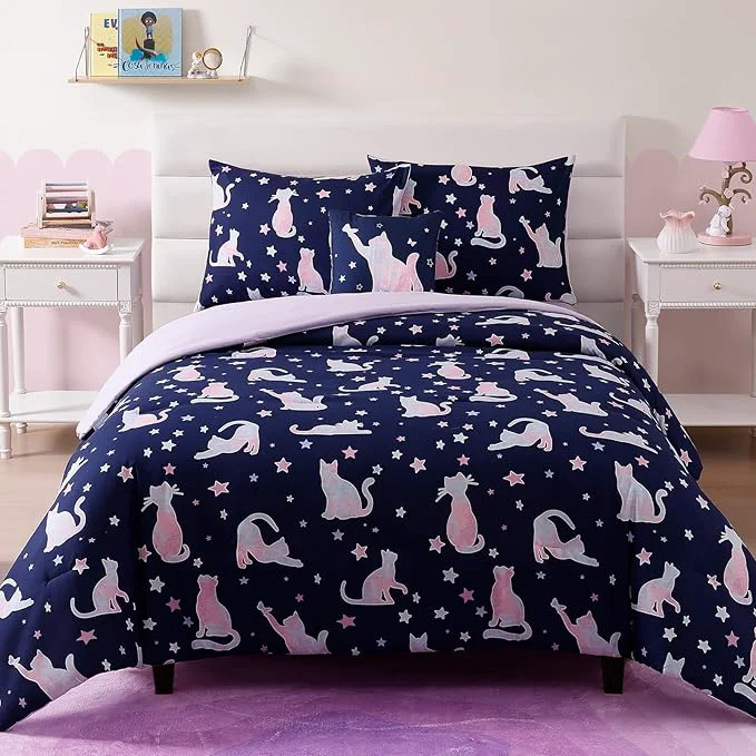 User-Friendly Full Size Comforter Set for Girls-4 Pieces Cute Cat Full Bedding Sets for Kids 1 Comforter 2 Shams and 1 Decor Pillow Soft