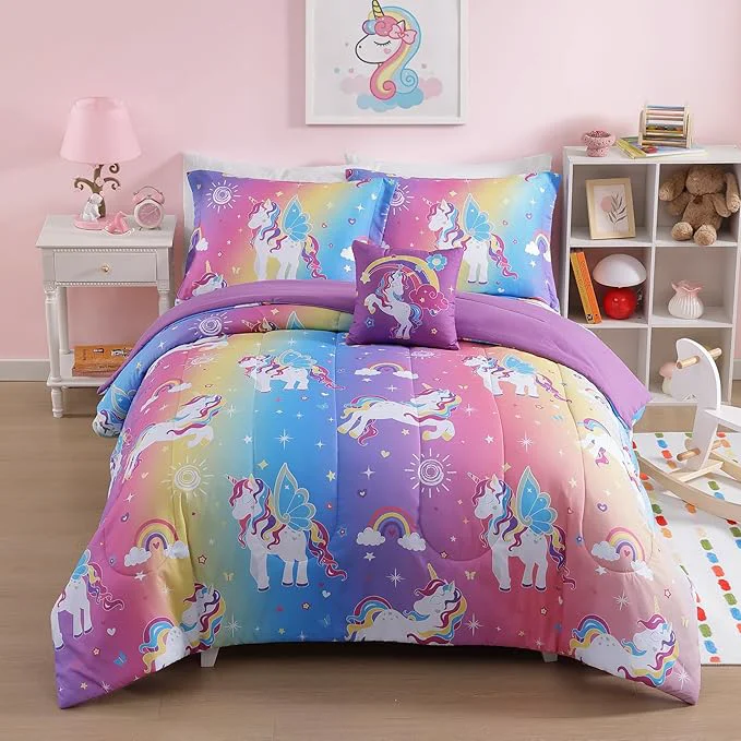 Exclusive Twin Comforter Set for Girls-3 Pieces Rainbow Unicorn Twin Bedding Sets for Kids 1 Comforter 1 Sham and 1 Decor Pillow Clean