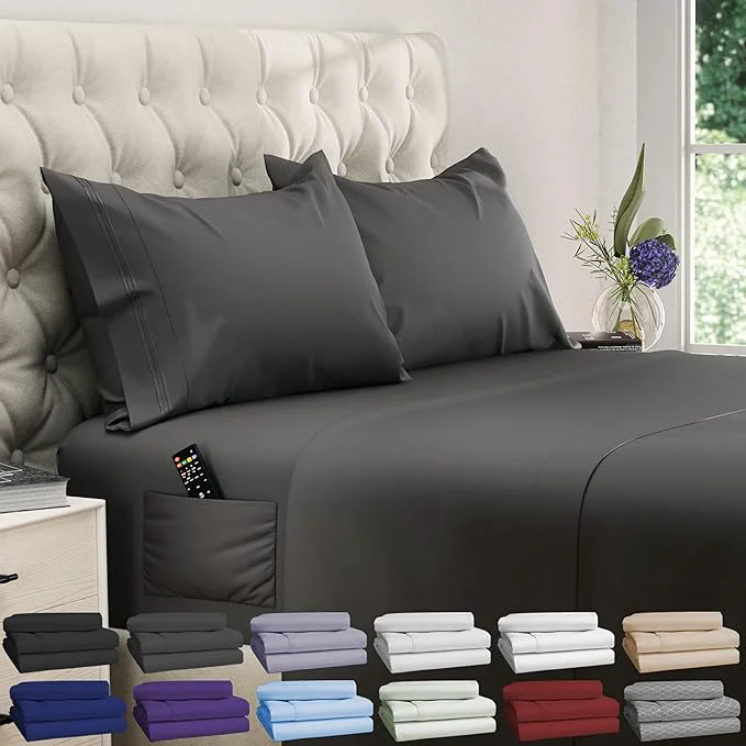 Detailed DREAMCARE Twin XL Sheet Set – Cooling Bed Sheets – 4pc Set – Up to 15 quot Deep Pocket Sheets – Soft amp Long Lasting Fine Brushed Polyester with Side Pocket – Gray Relaxed