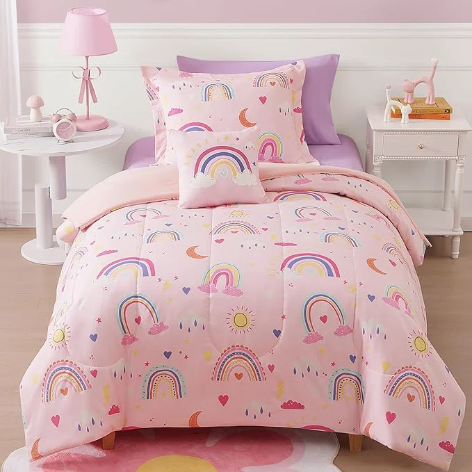 User-Friendly Twin Comforter Set for Girls-3 Pieces Pink Rainbow Glow in the Dark Twin Bedding Sets for Kids 1 Comforter 1 Sham and 1 Decor Pillow Breathable