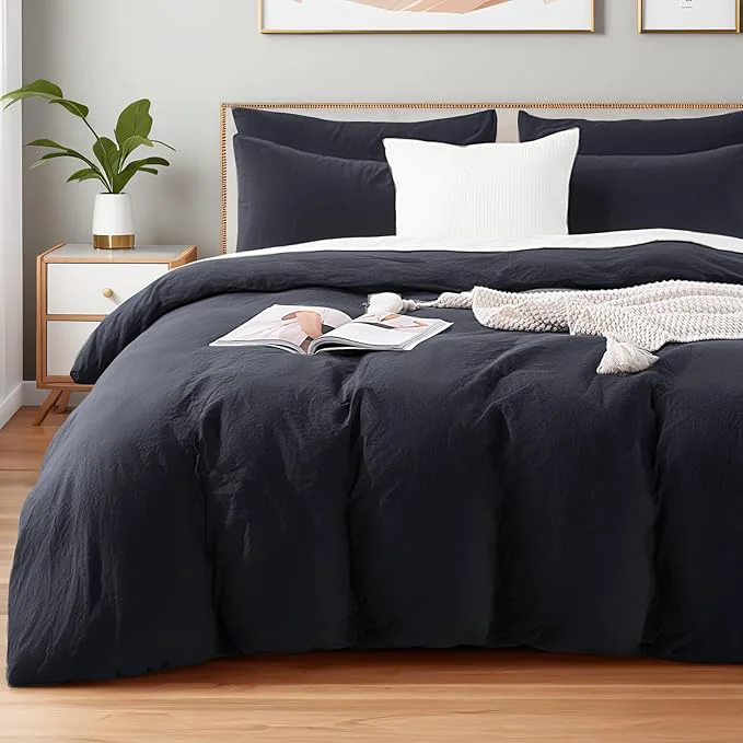 Pure NEXHOME PRO Queen Duvet Cover Set Organic Cotton with Washed Feel amp Linen-Like Texture Comfortable amp Breathable Home Bedding Set Dark Grey No Comforter 9090 Enhanced