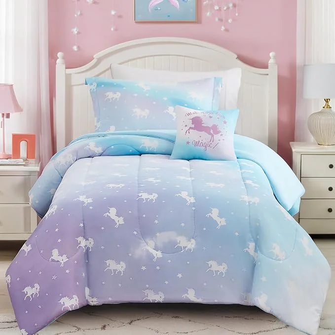 Pure Full Size Comforter Set for Girls-4 Pieces Unicorn Glow in the Dark Full Bedding Sets for Kids 1 Comforter 2 Shams and 1 Decor Pillow Casual