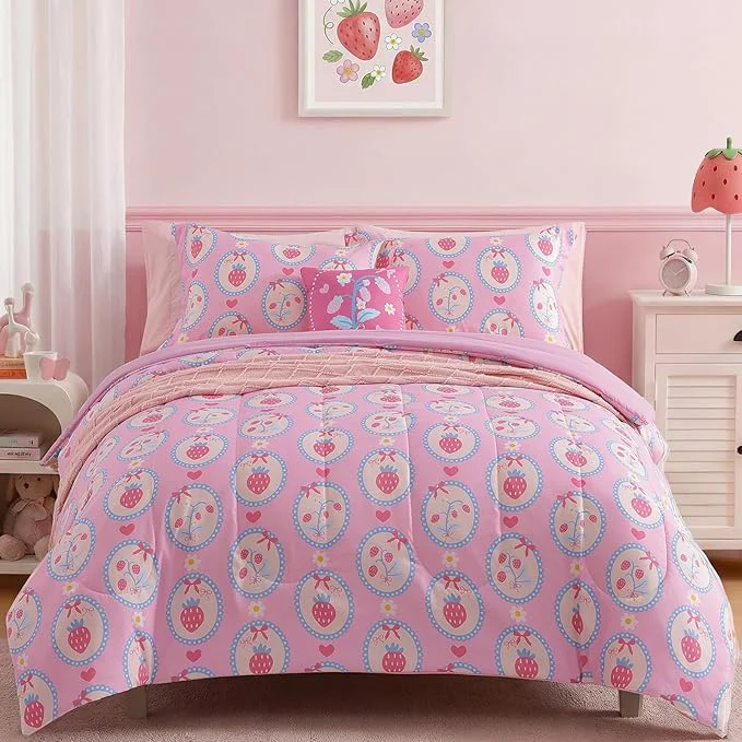 Certified Twin Comforter Set for Girls-3 Pieces Pink Strawberry Twin Bedding Sets for Kids 1 Comforter 1 Sham and 1 Decor Pillow Classic
