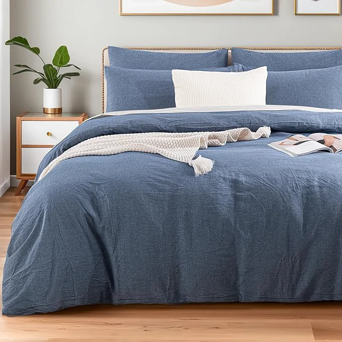 Elite NEXHOME PRO Duvet Cover Twin Washed Cotton Organic Natural Linen Like Textured Breathable Durable Home Bedding Set Heathered Blue 6890 Premium Material