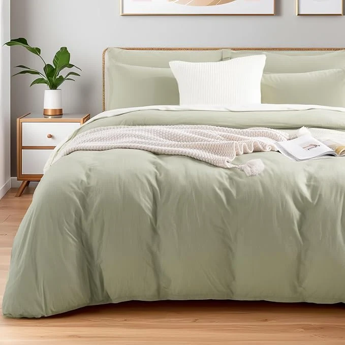 Solid NEXHOME PRO Twin Duvet Cover Set – Organic Cotton with Washed Feel amp Linen-Like Texture Comfortable amp Breathable Home Bedding Set Sage Green No Comforter Convenient
