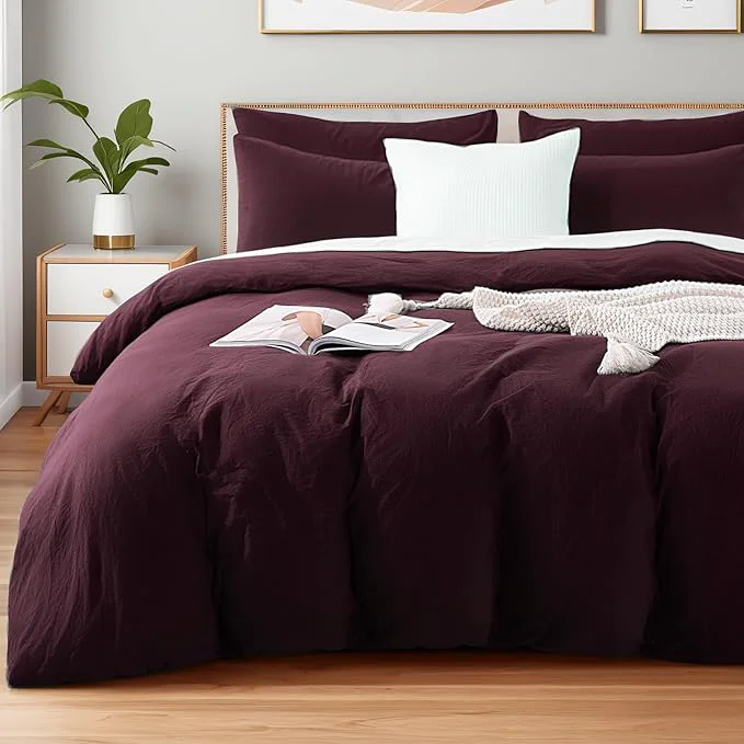 Traditional NEXHOME PRO Duvet Cover Set Kids Twin Size Linen Look Textured Organic Natural Washed Cotton Duvet Cover Burgundy Dark Red 2 Pieces Bedding Set with Zipper Closure Breathable No Comforter Top-Quality