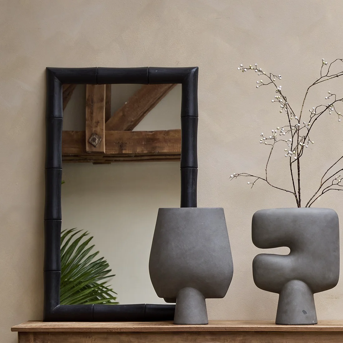 Contemporary Faux bamboo mirror black Casual