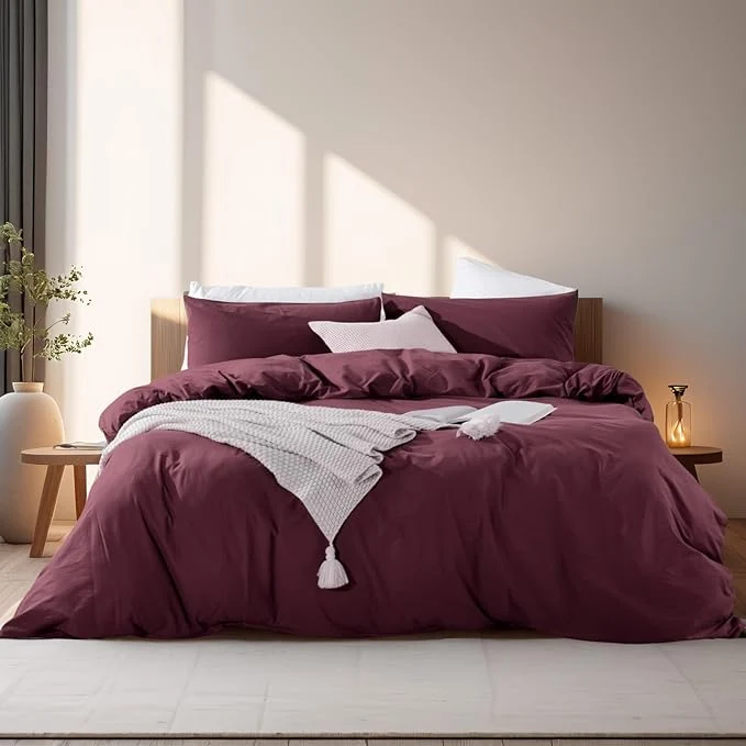 Outstanding NEXHOME PRO Duvet Cover Set King Size Linen Look Textured Organic Natural Washed Cotton Duvet Cover Burgundy Dark Red 3 Pieces Bedding Set with Zipper Breathable Soft No Comforter Authentic