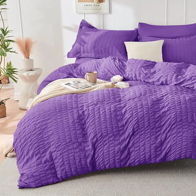 Smart HYMOKEGE Dark Purple Duvet Cover King Size Ultra Soft 3-Piece Seersucker Duvet Cover Set with Zipper Closure Soft Brushed Microfiber Bedding Set with 8 Corner Ties 104 quot x90 quot 2 Pillowshams Excellent