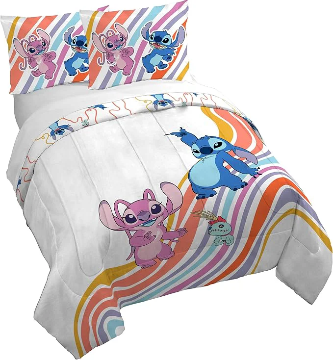 Safe Jay Franco Duvet Cover Set – 3 Piece Comforter Cover and Sham Set Super Soft Cozy Kids Bedding Insert Not Included White – Lilo and Stitch Full Natural