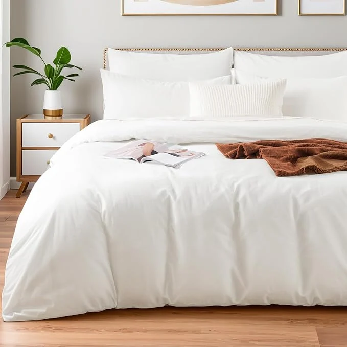 Advanced NEXHOME PRO Duvet Cover Set California King Linen Look Textured Cream White Organic Natural Washed Cotton Duvet Cover 3 Pieces Bedding Set with Zipper Closure Breathable Soft No Comforter Green
