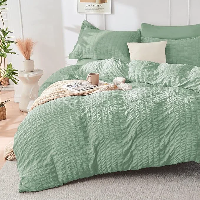 Sustainable HYMOKEGE Sage Green Duvet Cover Queen Size Ultra Soft 3-Piece Seersucker Duvet Cover Set with Zipper Closure Soft Brushed Microfiber Bedding Set with 8 Corner Ties 90 quot x90 quot 2 Pillowshams Outstanding