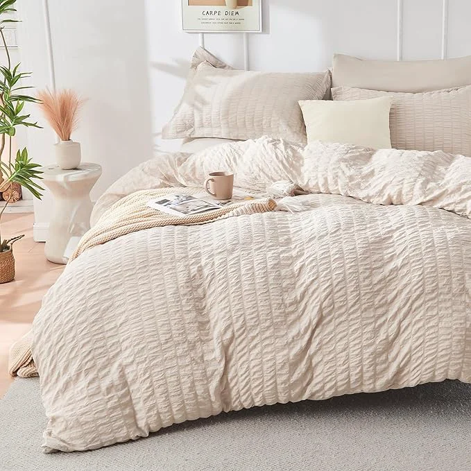 Clean HYMOKEGE Beige Duvet Cover King Size Ultra Soft 3-Piece Seersucker Duvet Cover Set with Zipper Closure Soft Brushed Microfiber Bedding Set with 8 Corner Ties 104 quot x90 quot 2 Pillowshams Fashionable