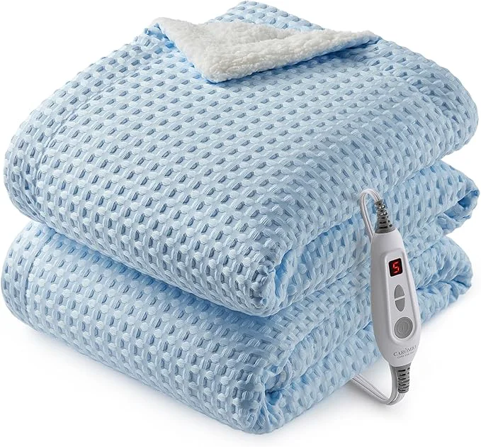 Versatile CAROMIO Heated Blanket Throw Waffle Weave Electric Throw Blanket Fast Heating with LCD Controller 6 Heat Levels amp 4 Hour Auto Shut Off ETL Machine Washable Light Blue 50 quot x 60 quot Authentic