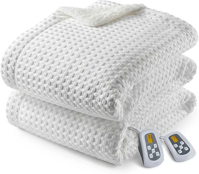World-Class CAROMIO Heated Blanket King Size with LCD Dual Controller Waffle Weave Fast Heating Electric Blankets 10 Heat Levels amp 1-12H Time Settings ETL Machine Washable Off White 100 quot x 90 quot Eco-Friendly