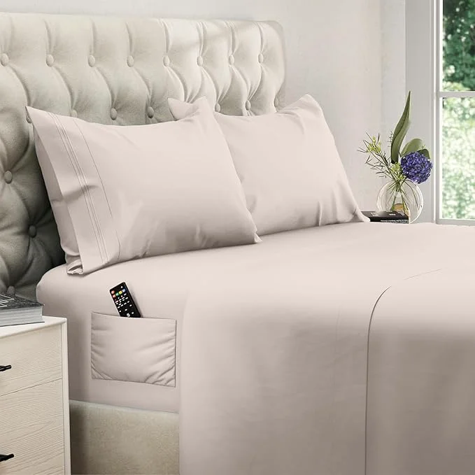 Convenient DREAMCARE Twin XL Sheets Set – 4 Pcs Cooling Bed Sheets with Up to 15 quot Deep Pockets – Soft Long-Lasting Brushed Polyester with Side Pocket Beige Fine Crafted
