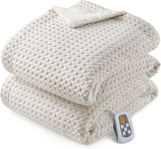 Safe CAROMIO Heated Blanket Full Size Waffle Weave Electric Blanket Throw with LCD Controller Fast Heating 10 Heat Levels amp 1-12H Time Settings ETL Machine Washable Beige 72 quot x 84 quot Carefully Designed