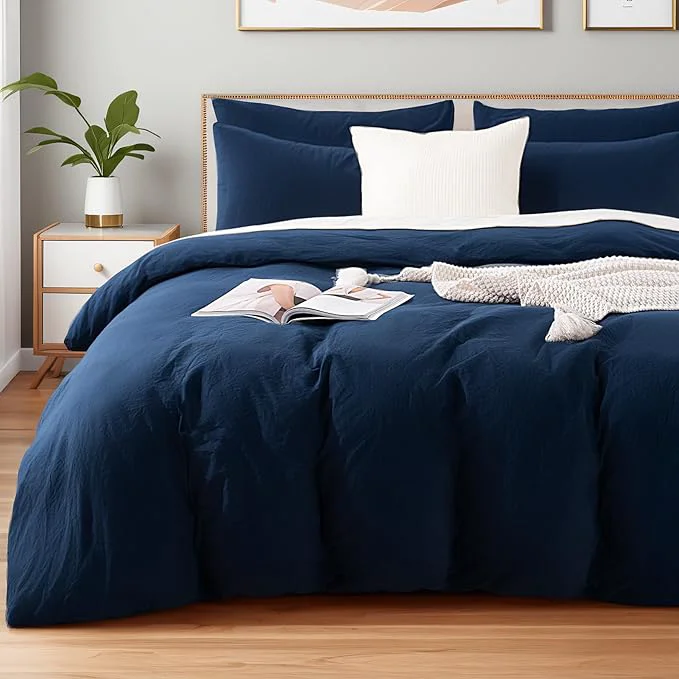 Specialty NEXHOME PRO Twin Duvet Cover Set Organic Cotton with Washed Feel amp Linen Like Texture Comfortable amp Breathable Home Bedding Set Navy No Comforter User-Friendly