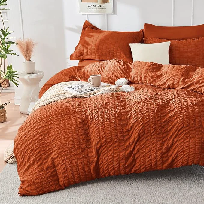 Breathable HYMOKEGE Burnt Orange Duvet Cover King Size Ultra Soft 3-Piece Seersucker Duvet Cover Set with Zipper Closure Soft Brushed Microfiber Bedding Set with 8 Corner Ties 104 quot x90 quot 2 Pillowshams Official