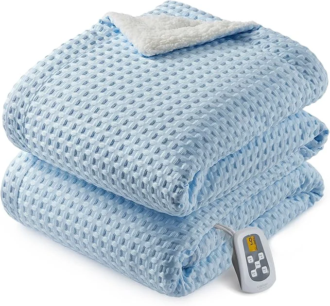 Official CAROMIO Heated Blanket Full Size Waffle Weave Electric Blanket Throw with LCD Controller Fast Heating 10 Heat Levels amp 1-12H Time Settings ETL Machine Washable Light Blue 72 quot x 84 quot Original Design