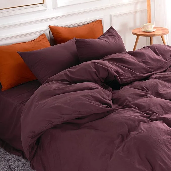 Modern NEXHOME PRO Duvet Cover Set Queen Size Linen Look Textured Washed Cotton Duvet Cover Burgundy Dark Red 3 Pieces Bedding Set with Zipper Closure Breathable Soft Organic Natural No Comforter Solid