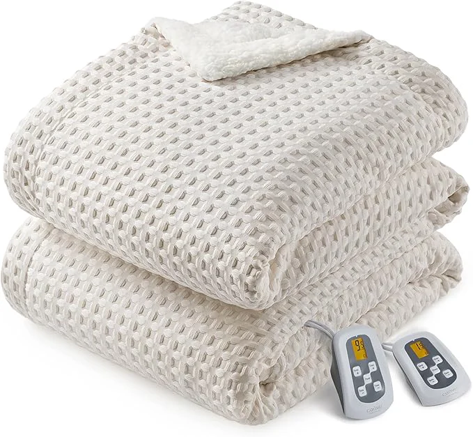 Detailed CAROMIO Heated Blanket Queen Size with LCD Dual Controller Waffle Weave Fast Heating Electric Blankets 10 Heat Levels amp 1-12H Time Settings ETL Machine Washable Beige 84 quot x 90 quot Optimized