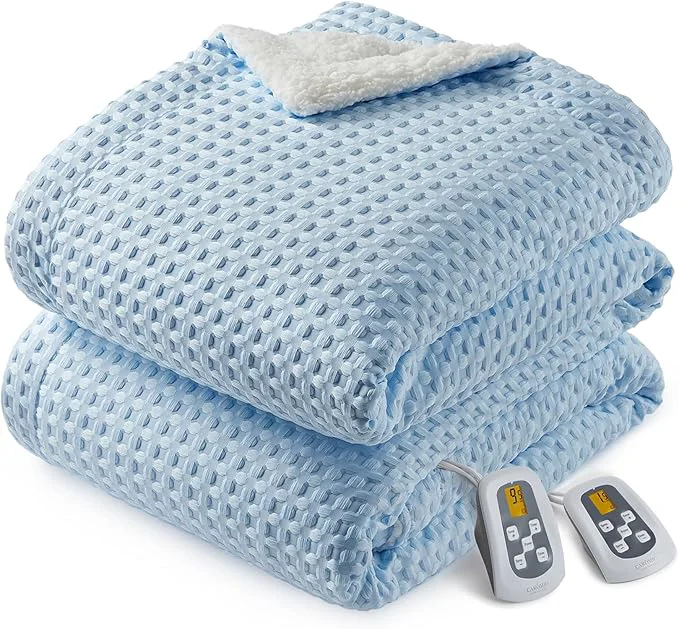 Stylish CAROMIO Heated Blanket King Size with LCD Dual Controller Waffle Weave Fast Heating Electric Blankets 10 Heat Levels amp 1-12H Time Settings ETL Machine Washable Light Blue 100 quot x 90 quot Artisan