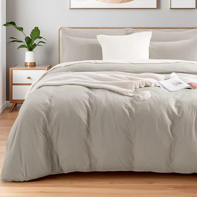 Traditional NEXHOME PRO Duvet Cover King Size Washed Cotton Orgnic Linen Like Textured Breathable Durable Comfy Cream Grey Smart