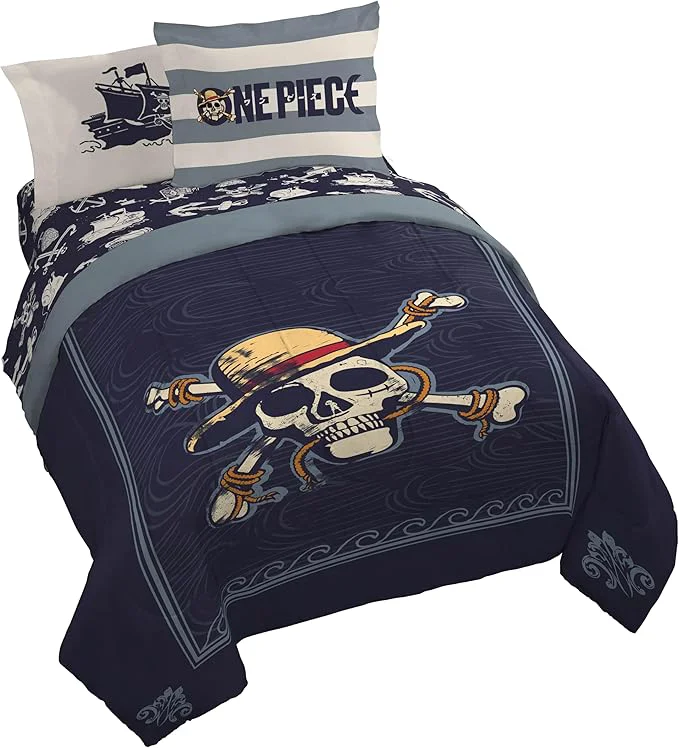 Premium Jay Franco One Piece Queen Size Comforter Set – 7 Piece Blue Bedding Includes Sheet Set amp Pillow Covers – Super Soft Anime Bedding with Skull and Bones Effective