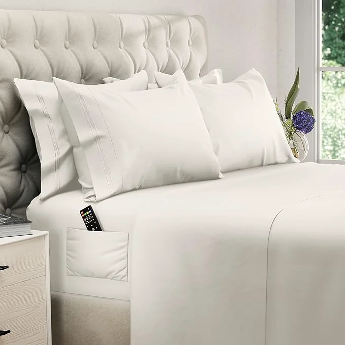 Easy-to-Use DREAMCARE California King Sheet Sets – 6 pcs Cooling Bed Sheets – up to 15 Deep Cal King Sheets – 2500 Supreme Collection – Extra Soft Brushed Microfiber Hotel Luxury with Side Pocket – Ivory Long-Lasting