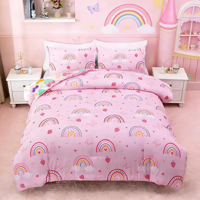 Clean Btargot Lightweight Soft 3 Piece Rainbow Comforter Set with 2 Pillow Covers Cartoon Butterfly Leaves Flowers Bedding Set for Girls Boys Kids Full Pink Unique