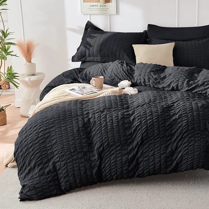 Authentic HYMOKEGE Black Duvet Cover Full Size Ultra Soft 3-Piece Seersucker Duvet Cover Set with Zipper Closure Soft Brushed Microfiber Bedding Set with 8 Corner Ties 80 quot x90 quot 2 Pillowshams Trendy