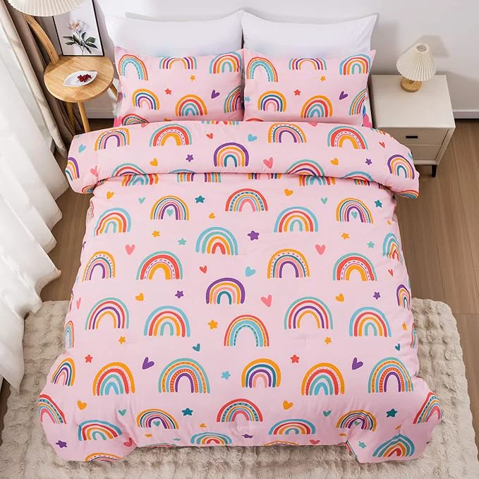 Easy-to-Use Btargot Lightweight Soft 3 Piece Rainbow Comforter Set with 2 Pillow Covers Cartoon Love Hearts Flowers and Sun Moon Star Bedding Set for Girls Boys Kids Full Blush Detailed