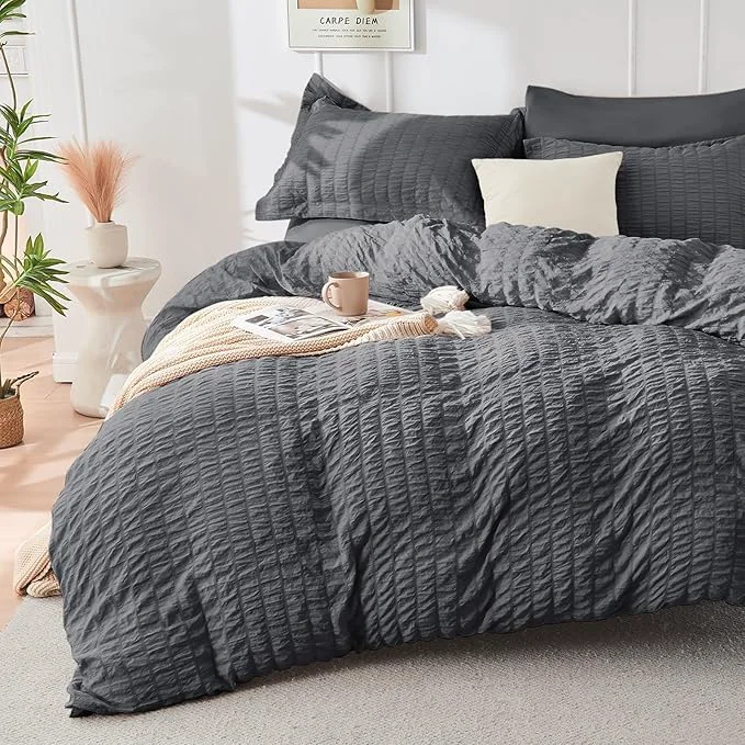 Functional HYMOKEGE Dark Grey Duvet Cover Queen Size Ultra Soft 3-Piece Seersucker Duvet Cover Set with Zipper Closure Soft Brushed Microfiber Bedding Set with 8 Corner Ties 90 quot x90 quot 2 Pillowshams Solid
