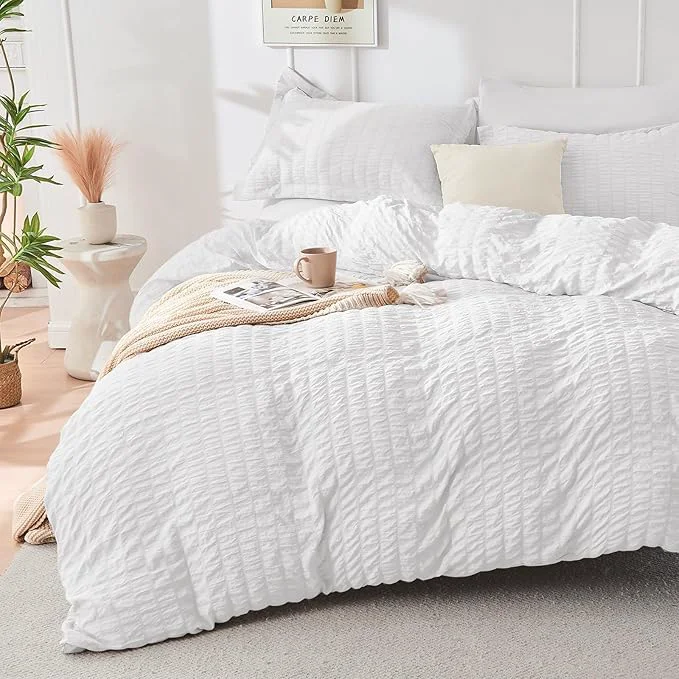 Practical HYMOKEGE White Duvet Cover Queen Size Ultra Soft 3-Piece Seersucker Duvet Cover Set with Zipper Closure Soft Brushed Microfiber Bedding Set with 8 Corner Ties 90 quot x90 quot 2 Pillowshams Fashionable