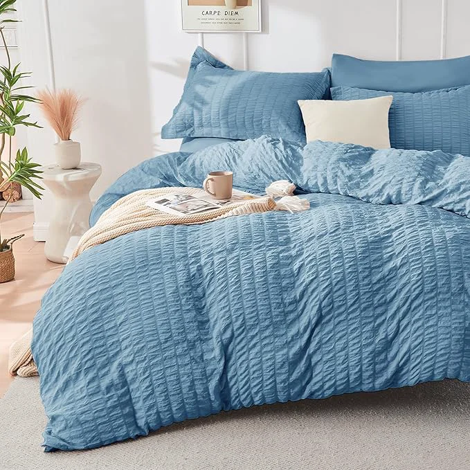 Selected HYMOKEGE Mineral Blue Duvet Cover Queen Size Ultra Soft 3-Piece Seersucker Duvet Cover Set with Zipper Closure Soft Brushed Microfiber Bedding Set with 8 Corner Ties 90 quot x90 quot 2 Pillowshams Fashionable