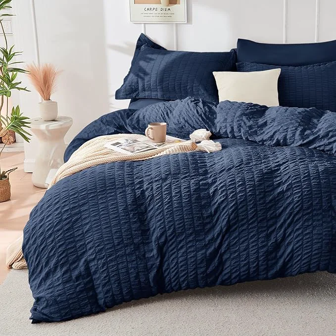 Carefully Designed HYMOKEGE Navy Blue Duvet Cover Queen Size Ultra Soft 3-Piece Seersucker Duvet Cover Set with Zipper Closure Soft Brushed Microfiber Bedding Set with 8 Corner Ties 90 quot x90 quot 2 Pillowshams Selected