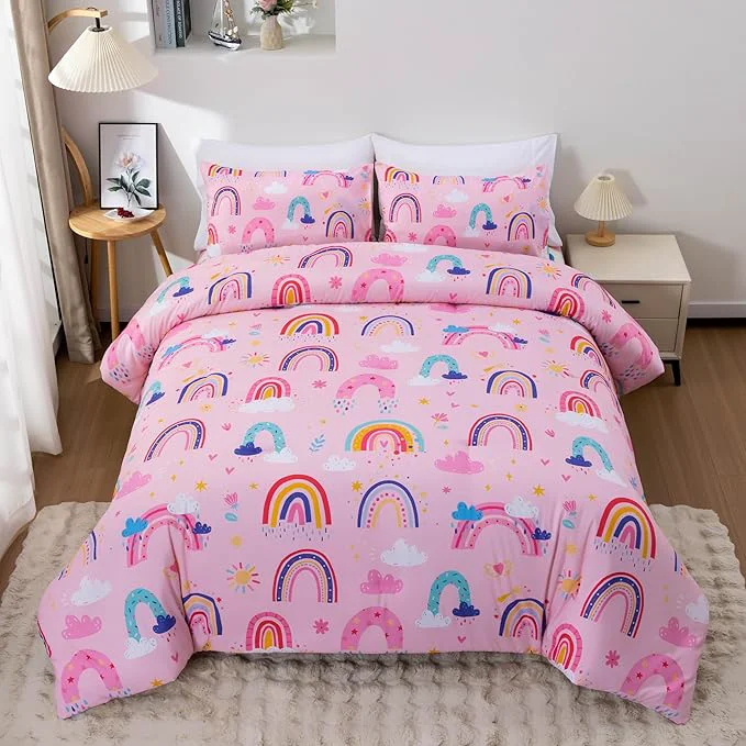 Functional Btargot Lightweight Soft 3 Piece Rainbow Comforter Set with 2 Pillow Covers Cartoon Love Hearts Suns and Stars Bedding Set for Girls Boys Kids Queen Light Pink Healthy