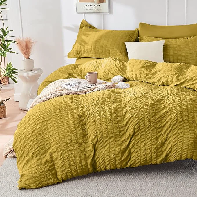 Long-Lasting HYMOKEGE Mustard Yellow Duvet Cover Queen Size Ultra Soft 3-Piece Seersucker Duvet Cover Set with Zipper Closure Soft Brushed Microfiber Bedding Set with 8 Corner Ties 90 quot x90 quot 2 Pillowshams Excellent