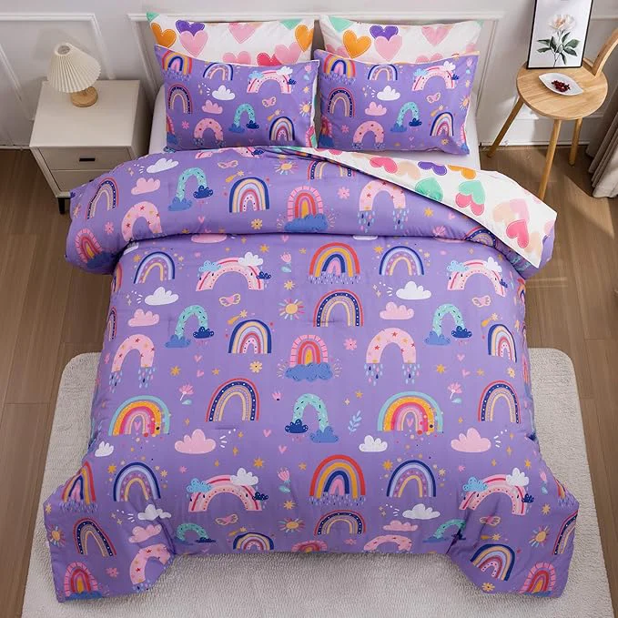 Genuine Btargot Lightweight Soft 3 Piece Rainbow Comforter Set with 2 Pillow Covers Cartoon Love Hearts Flowers and Sun Star Bedding Set for Girls Boys Kids Full Dark Purple Premium Material