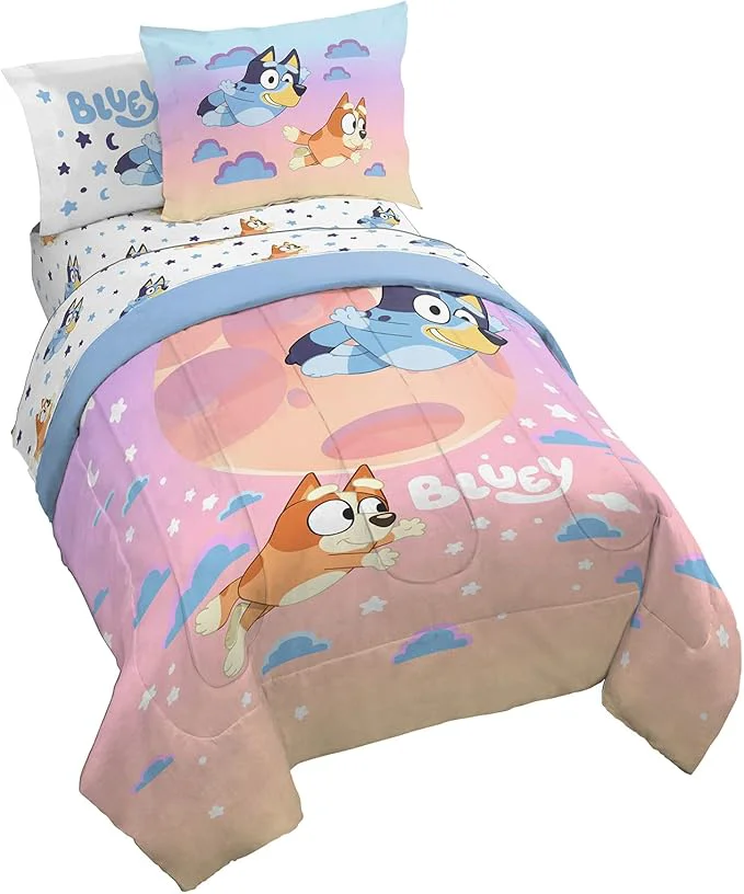 Certified Jay Franco Bluey amp Bingo Full Comforter Set – 7 Piece Bed Set Includes Sheet Set amp Pillow Covers – Super Soft Clouds amp Stars Kids Bedding Premium