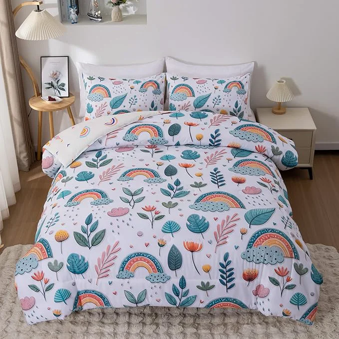 Authentic Btargot Lightweight Soft 3 Piece Rainbow Comforter Set with 2 Pillow Covers Cartoon Leaves Flowers Bedding Set for Girls Boys Kids Full Green Proven