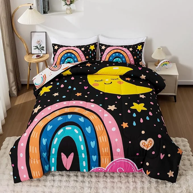Detailed Btargot Lightweight Soft 3 Piece Rainbow Comforter Set with 2 Pillow Covers Cartoon Love Hearts Flowers and Sun Moon Star Bedding Set for Girls Boys Kids Full Black Premium